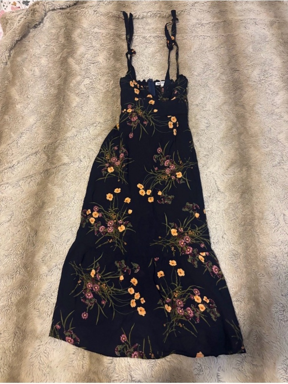 Reformation Black Floral Slip Dress with Yellow & Pink Flowers